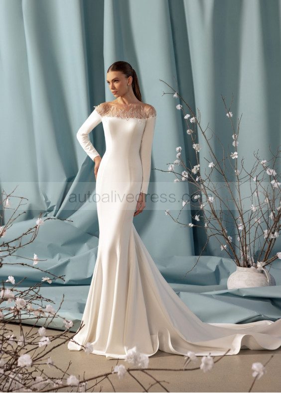 Long Sleeves Ivory Lace Satin Fashion Wedding Dress